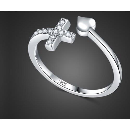 Luxury 100% solid 925 sterling silver Inlay Cubic Zirconia Cross Heart Ring for Women Wedding Ring Adjustable Fine Jewelry Gift