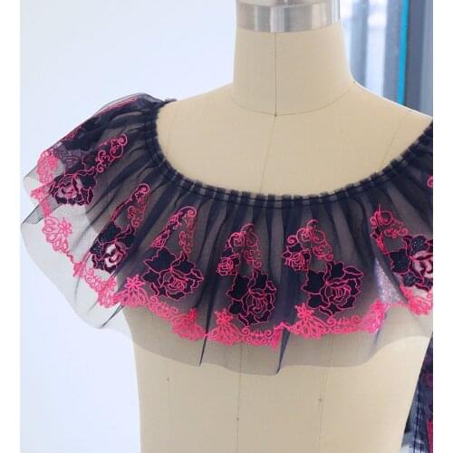 1M Pleated Black Rose Flower Embroidered Lace Fabric 15cm Lace Trim Ribbon DIY Guipure Sewing Curtain Craft Supplies Dentelle