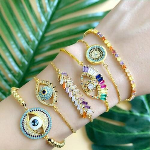 2021Stylish Jewelry Bohemian Cute Pave Rainbow Cubic CZ Crystal Evil Eye Protection Adjustable Dainty Gold Women Chain Bracelet