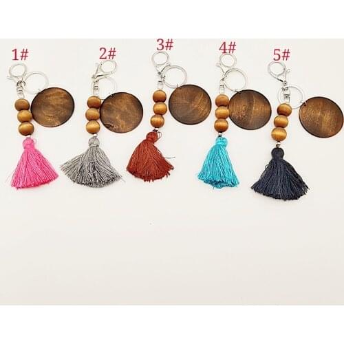 5 styles Wooden Beaded Key Ring with Cotton Tassel Pendant Keychains DIY Print Wood Chip Keychain Party Favor#70