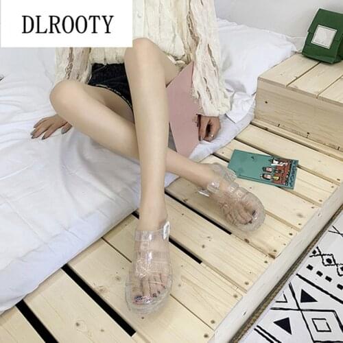 Woman Sandals Jelly Shoes Transparent Summer Pumps High Heels Thick Buckle Strap Fashion Hollow Solid Gladiator Breathable