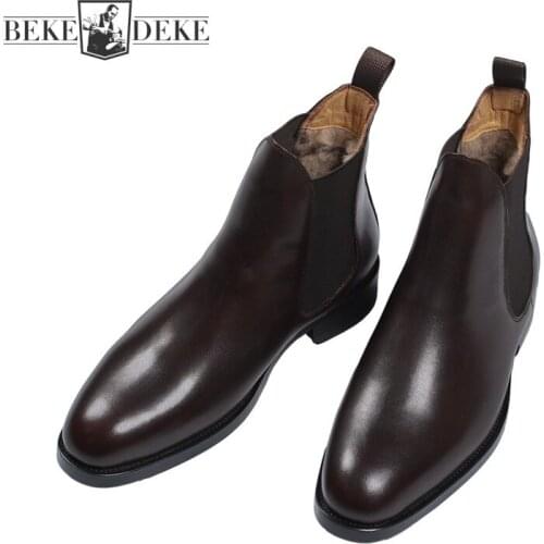 Business Casual Classic Black Cowhide Chelsea Boots Men Winter Warm Wool Lining Ankle Boots Fashion Mens Genuine Leather Shoes