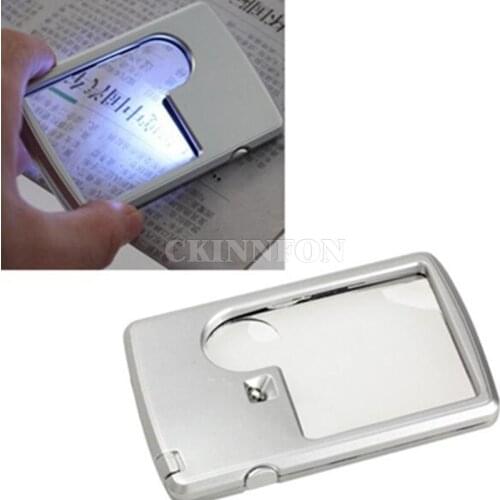 DHL 100PCS Credit Card 3x 6x Magnifying LED Light Jewelry Loupe Magnifier + Leather Case (Color: Silver)