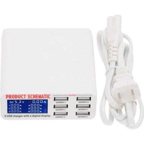 6 Ports USB Charger Travel Charger LCD Digital Display Smart Charging Station Multi-Port USB Charging EU/US/UK Plug