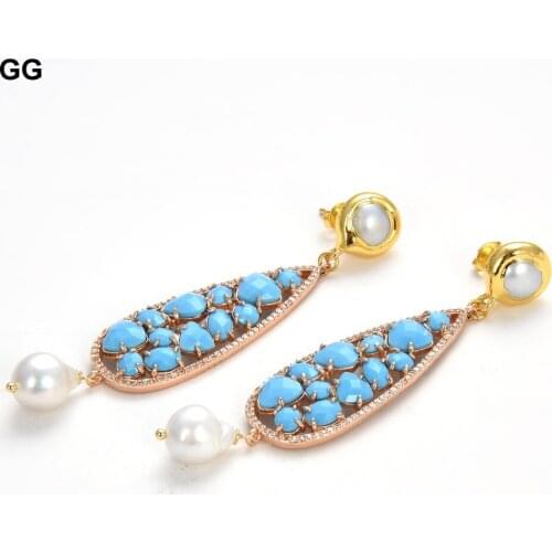 GuaiGuai Jewelry Natural Cultured White Keshi Pearl Bezel Set Turquoise Blue Cat Eye Flower Stud Earrings For Women
