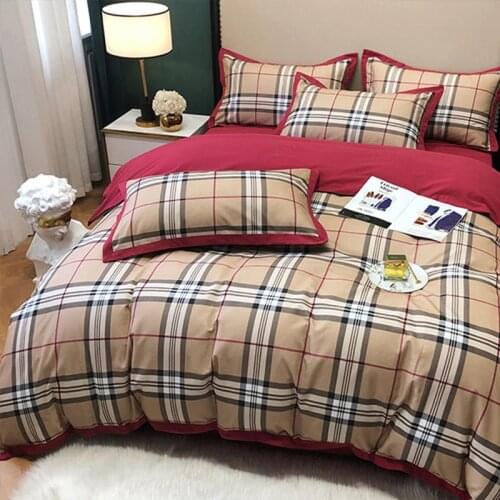 Hmyi 4PCS/set Home Textile British Style Lattice Cover Pillow Case Bed Sheet Boy Kid Teen Girl Bedding Linens Set Twin