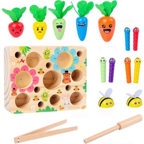 Montessori Toy Wooden Block Set Pulling Carrot Catch the Worm Shape Matching Size Cognition Interactive Educational Toy For Kids
