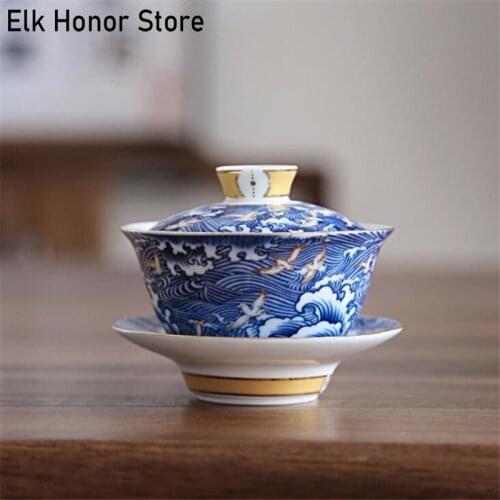 120ML Beautiful Jade Swallows Bowl Handmade Kiln Baked Ceramic Three-Force Cover Bowl Household Kung Fu Tea Cup Gaiwan Tea Set