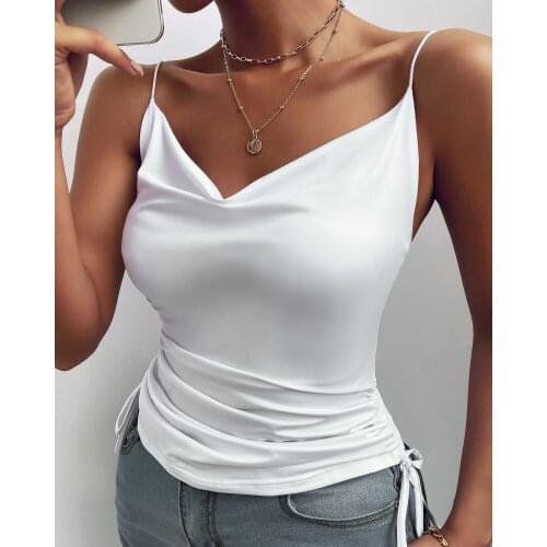 Lace Cami Tank Top V-Neck Camisole Vest Tank Top Silk Sexy Casual Summer Laides Ruched Drawstring Cowl Neck Cami Top