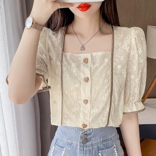2021 new heart-shaped single-breasted cardigan short top womens summer color-blocking striped square neck puff sleeve shirts