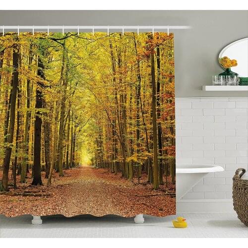 Fall Decorations Shower Curtain Pathway in Fall Forest with Faded Leaves Dramatic Romantic Season Scene Bathroom Curtains