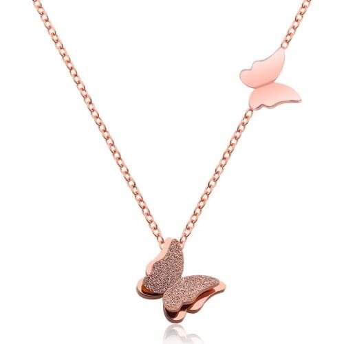 Double Butterfly shape stainless steel Necklace cute animal titanium steel Necklace fashion jewelry rosegold color