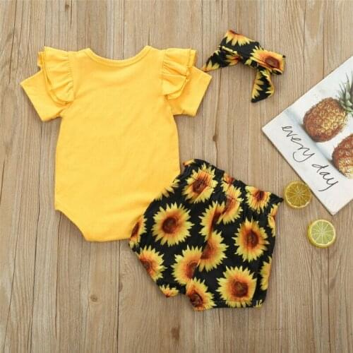 Dropshipping 2Pcs Set Girl Clothes Infant Baby Girl Clothes Bodysuit+ Shorts Sunflower Summer Cotton Outfit 0-24M