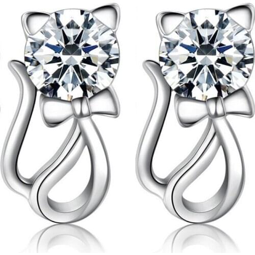 Real 925 Sterling Silver Jewelry For Women Cute Animal Cubic Zircon Cat Earring Stud Small Stud Earring For Girls Wholesale
