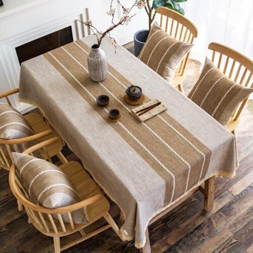 Modern Solid Striped Rectangle Tablecloth Dinning Room Plaid Cotton Linen Blending Table Cover with Lace Fresh Home Decoration