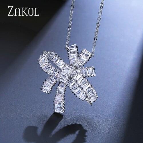 ZAKOL Exquisite Baguette Cubic Zirconia Knot Pendant Necklace For Elegant Women Luxury Bridal Wedding Jewelry FSNP025