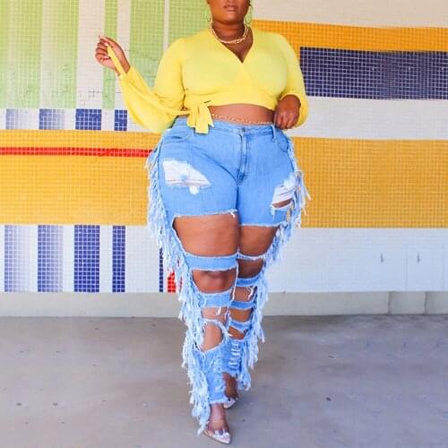 Plus Size Blue Jeans Pant for Ladies Hollow Out Skinny High Waisted Tassel Bodycon Sexy Evening Night Club Long Trousers Large