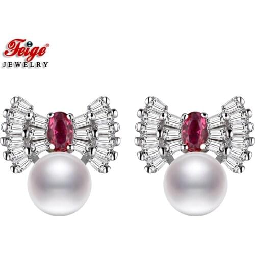 Bowknot Cubic Zirconia White Natural Freshwater Pearl Stud Earrings for Women Party Jewelry Gifts Exquisite Earrings FEIGE