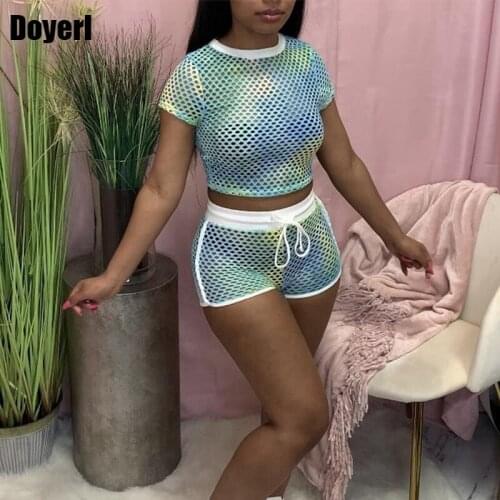 Co Ords Two Piece Shorts Sets Tracksuit Women Sportwear Summer Outfits for Women 2021 Hollow Out Mesh Casual 2 Piece Set Shorts
