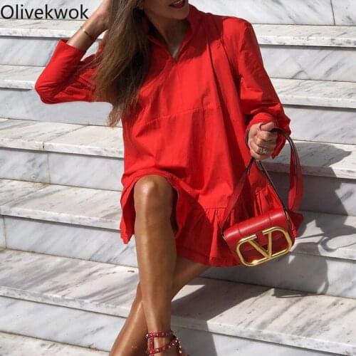 Olivekwok 2021 Woman Autumn Fashion Solid Long Sleeve Sexy O-neck Casual Ruffles Loose Dress