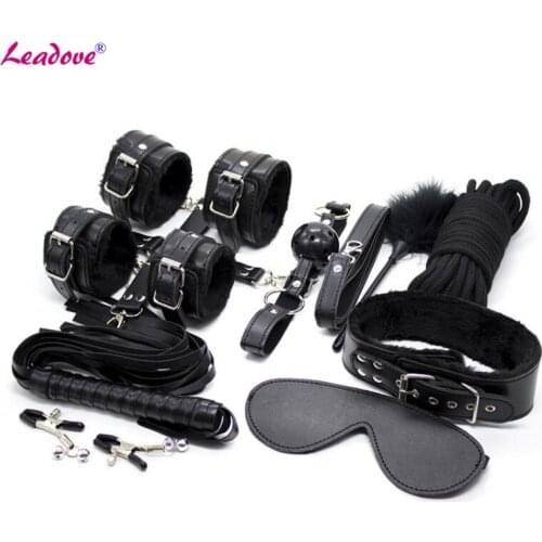 10pcs/set Kit Fetish Sex Bondage Restraints Sex Toys for Couples Handcuffs Adult Games Nipple Clamps Ball Gag 10 Rope PG0062