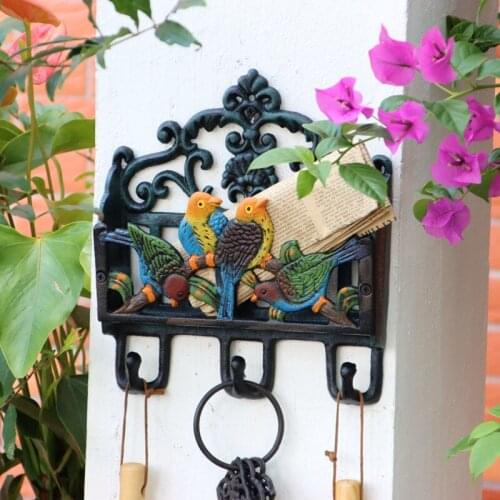 Antique Green Birds Cast Iron Mail Wall Rack With Three Hangers European Home Garden Hand Paint Letters Magazine Storage Holder