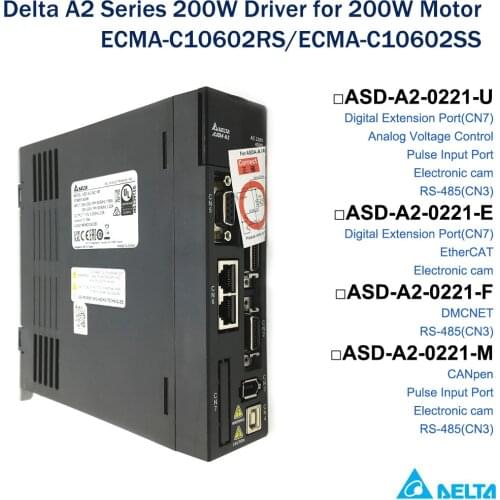 Delta 200W AC Servo Driver ASD-A2-0221-U,ASD-A2-0221-E,ASD-A2-0221-F,ASD-A2-0221-M,E-CAM,EtherCAT,DMCNET,RS-485,CANopen,DI Port