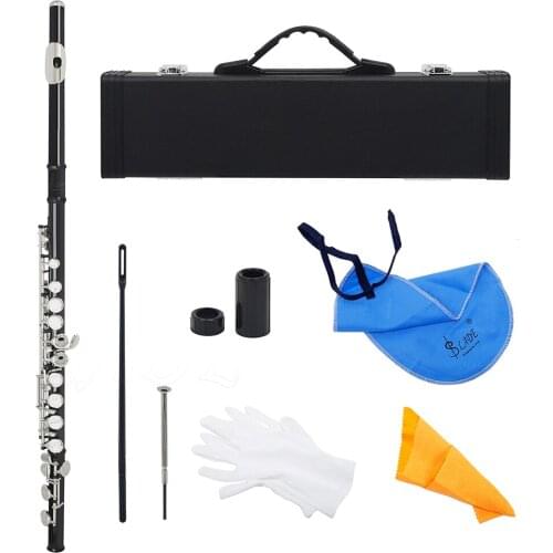 M MBAT Silver Key Cupronickel Flute 16 Holes Closed Hole C Tone Black Flute Woodwind Instrument With Leather Case Cleaning Cloth