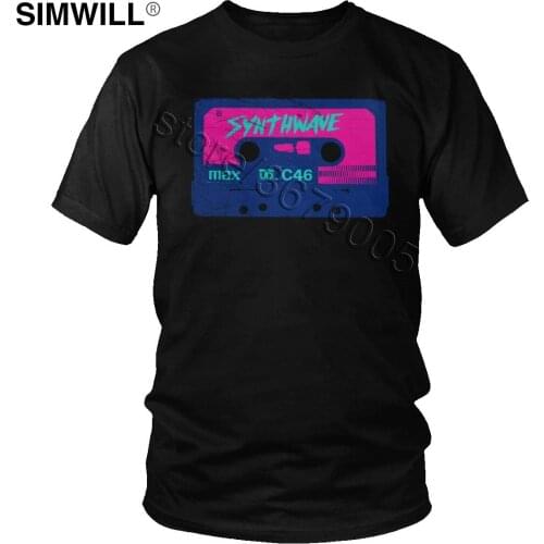 Male Synthwave Retrowave Aesthetic T-Shirt Vintage Drive Laser Cassette T Shirt Short Sleeved Cotton Graphic Tee Trendy Clothing