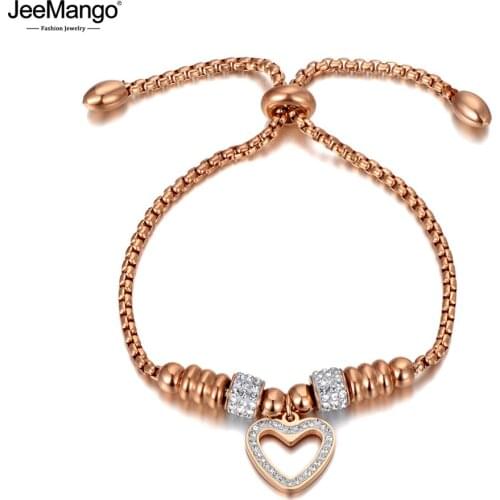 JeeMango Titanium Stainless Steel White Rhinestone Chain & Link Bracelets For Women Love Heart Adjustable Size Bracelet JB20053
