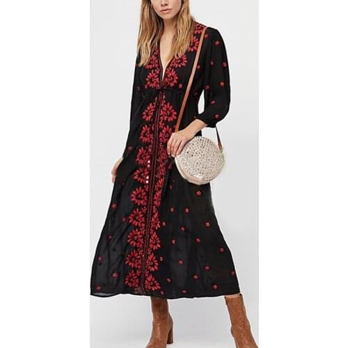 Khale Yose Cotton Summer Dress Long Sleeve Floral Embroidery Bohemian Dresses For Women Ethnic Hippie Chic Style Beach Clothing