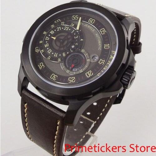 PVD coated case 44mm 24 hours PARNIS black dial date sapphire glass automatic mens watch