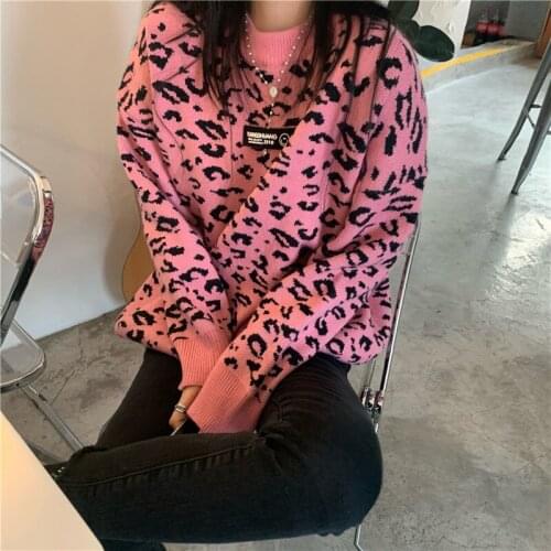 Japanese Style Leopard Knitted Pullovers Sweaters 2021 New Streetwear Oversize Sweater O Neck Long Sleeve Harajuku Jumpers