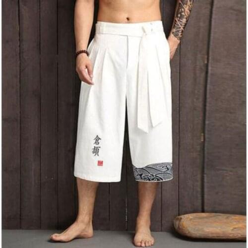 Japanese and Korean Kimono Mens Linen Cropped Trousers Yoga Loose Long Pant Summer Bushido Training Pants Taekwondo Pants