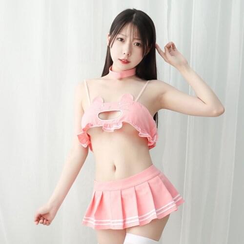 Anime Sexy Cosplay Costumes for Women Girls Pink Cat Top with Mini Skirt Lolita Young Lady Female Student Halloween Outfits New
