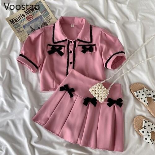 Summer Sweet Lolita Style Princess Skirt Sets Girls Cute Bow Short Sleeve T-Shirt Crop Tops High Waist Mini Skirts Women 2PC Set