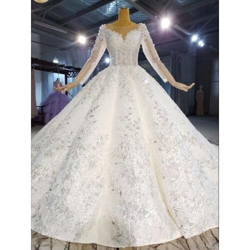 New Vestido De Novia Robe De Mariee Muslim Full Sleeves Beads Lace Crystals Ball Gown Sexy Long Bridal Wedding Dresses