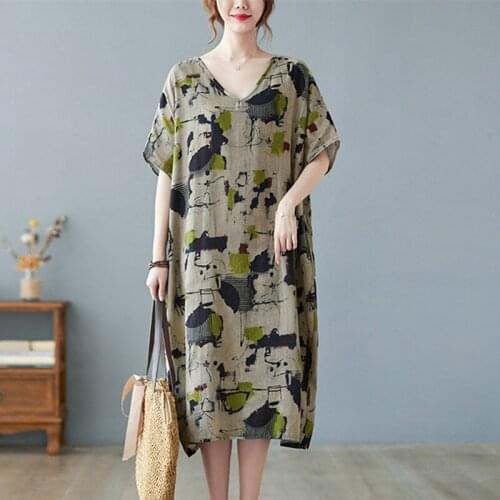 2021 New Arrival Short Sleeve Loose Summer Dress Thin Soft Cotton Linen Print Floral Vintage Dress Women Casual Beach Dress