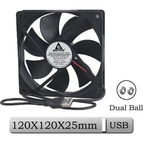 1 Pcs Gdstime 5V 120x120x25mm 120mm Dual Ball Bearing PC DC Brushless Cooling Fan 12025S 12cm CPU USB Connector Case Cooler