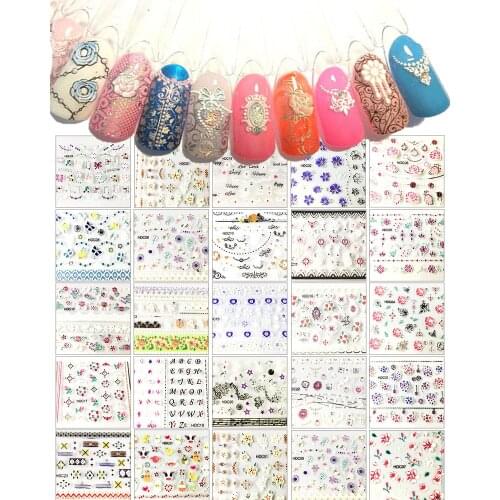 24PCS 3D nail decal Floral nail water transfer Rose Nail wraps Lace sticker slide Clear Strass Rhinestone sticker, H.D.C01-024