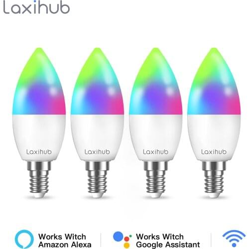 Laxihub 4pcs Smart Light Bulb Tuya Wifi Bulb RGB Color Changing LED Light E14 C37 110V 220V APP Compatible Alexa Google Home
