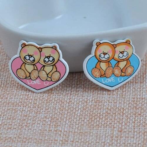 50pcs 26x31mm Cute Blue&Pink Bear With Heart Pattern Wood Crafts Fit Sewing Scrapbooking Crafts KS15418-11