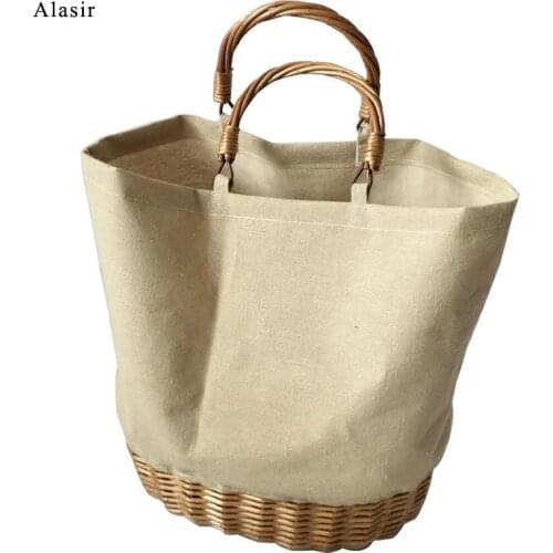 Alasir Patchwork Straw Knitted Canvas Bag Vintage Rattan Knitted Canvas Handbag Women Bag Summer Beach Bag Lady Designer Bags