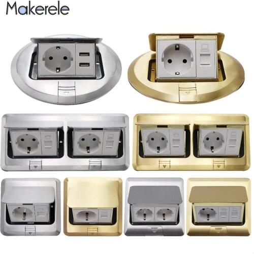 16A Aluminum Cropper Panel Pop Up Floor Socket 2 Way EU Standard Power Double Outlet With 2.1A USB Phone Port/RJ45 Internet Jack