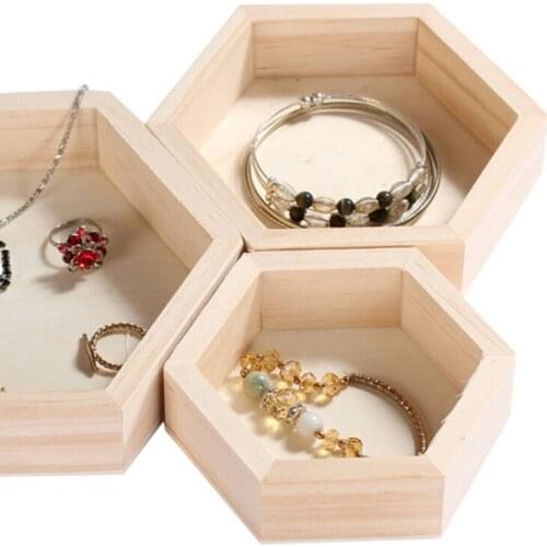Wood Jewelry Storage Boxes Bracelet Necklace Display Tray Plate Hexagon Cases Organizer Dishes Tray