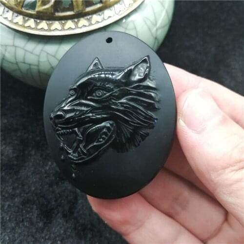 Drop Shipping Black Obsidian Wolf Necklace Carving Wolf Head Amulet Pendant With Chain Obsidian Blessing Lucky Pendants Jewelry