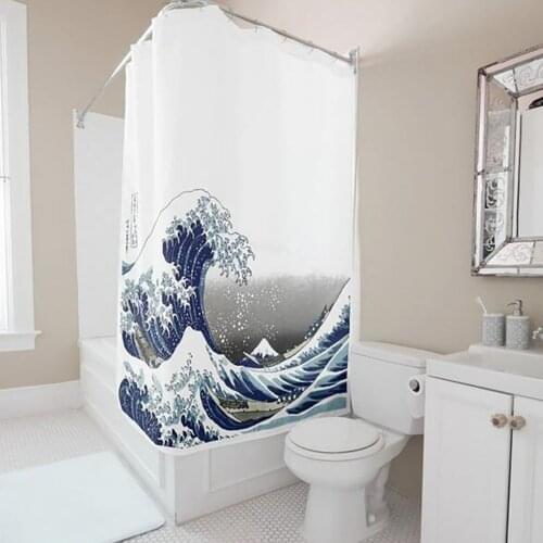 Japanese Style Shower Curtain Waterproof Sea Wave Mould Resistant Thickened Protect Privacy Digital Printing Bathroom Drape