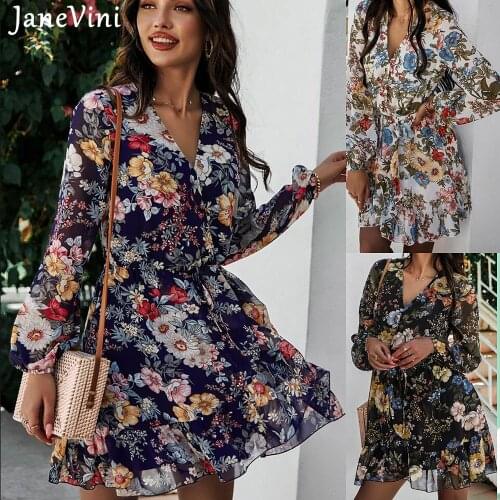 JaneVini 2021 New Spring Summer Fashion Floral Dresses V Neck Women Casual Full Sleeves High Waist Short Femme Loose Print Dress
