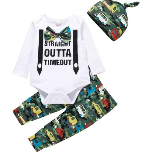 Infant Baby Boys Clothes Set, Letter Print Long Sleeve O-neck Romper+Car Print Trousers+Pointed Hat