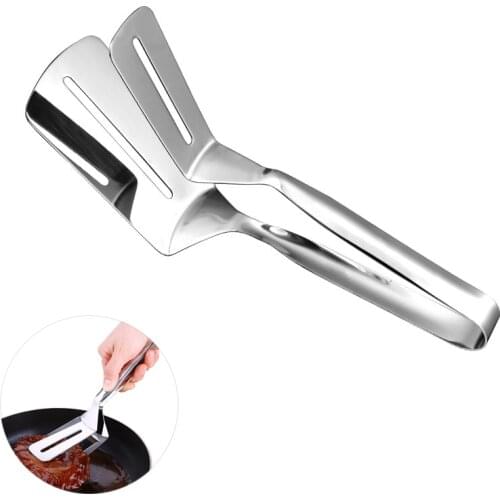 LMETJMA 2 in 1 Multipurpose Gripper Bread Clip Stainless Steel Fried Steak Clamp Barbecue Tongs Beefsteak Turner KC0279